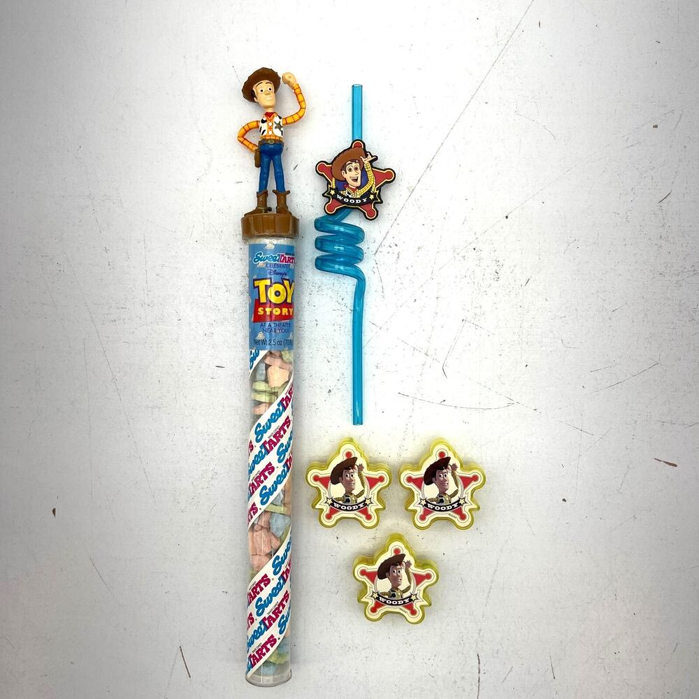 Lot Of 5 Original Disney Toy Story Buzz Woody Sweet Tarts Tube, Fun Straw, Badge
